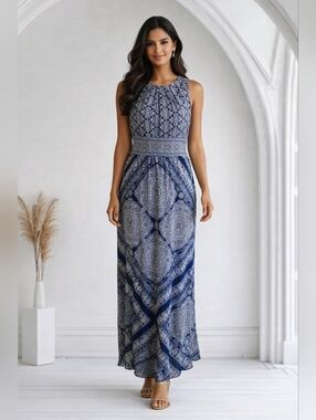 London Times Mandala Print Navy Sleeveless Maxi Dress, Size 14